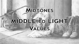 Midtones: middle to light values in drawing