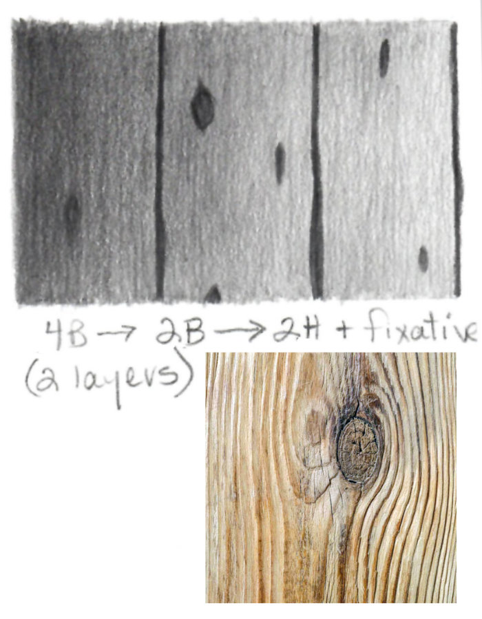 Mid to Light values: Wood grain layered with 2H pencil