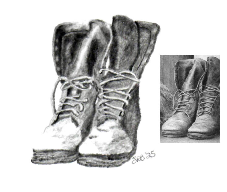 An old pair of leather boots: pencil drawing