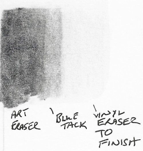 Erasing pencil drawing using an art eraser, Blu-Tack, and a vinyl eraser