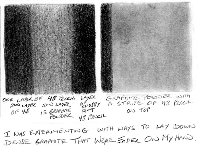 Experiments in producing dark pencil shading without using pressure - due to injured wrist
