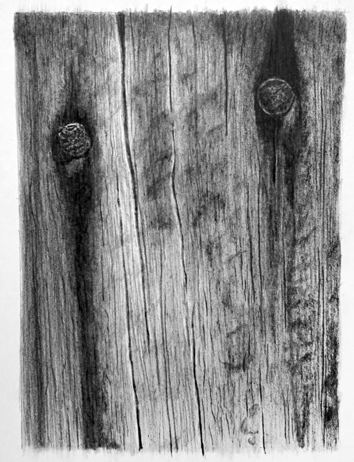 Weathered wood with rusty nails: graphite pencil drawing