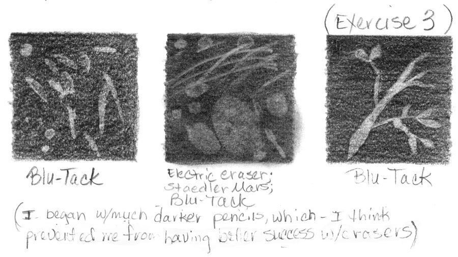 Using Blu-Tack or a kneadable eraser to erase shapes in dark pencil shading