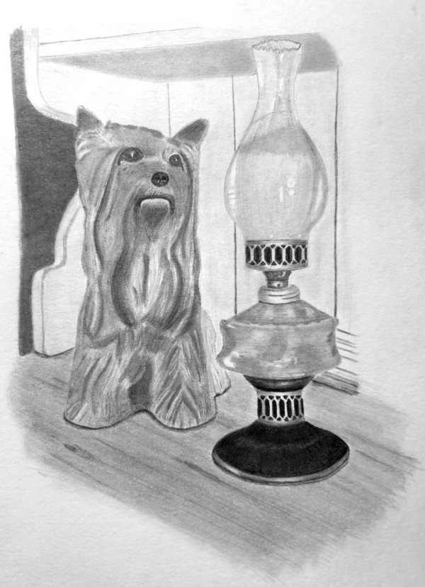 Final exercise: Kitty cat with an old oil lamp on a Welsh dresser